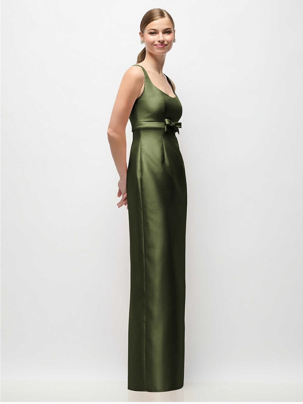 ALFRED SUNG Olive Green Satin Column Gown with Waist Bow- NWT - Picture 3 of 11